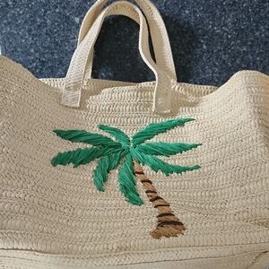 summer & rose Cream Straw Tote with Green Palm Embroidery. 18" X 13" X 8"